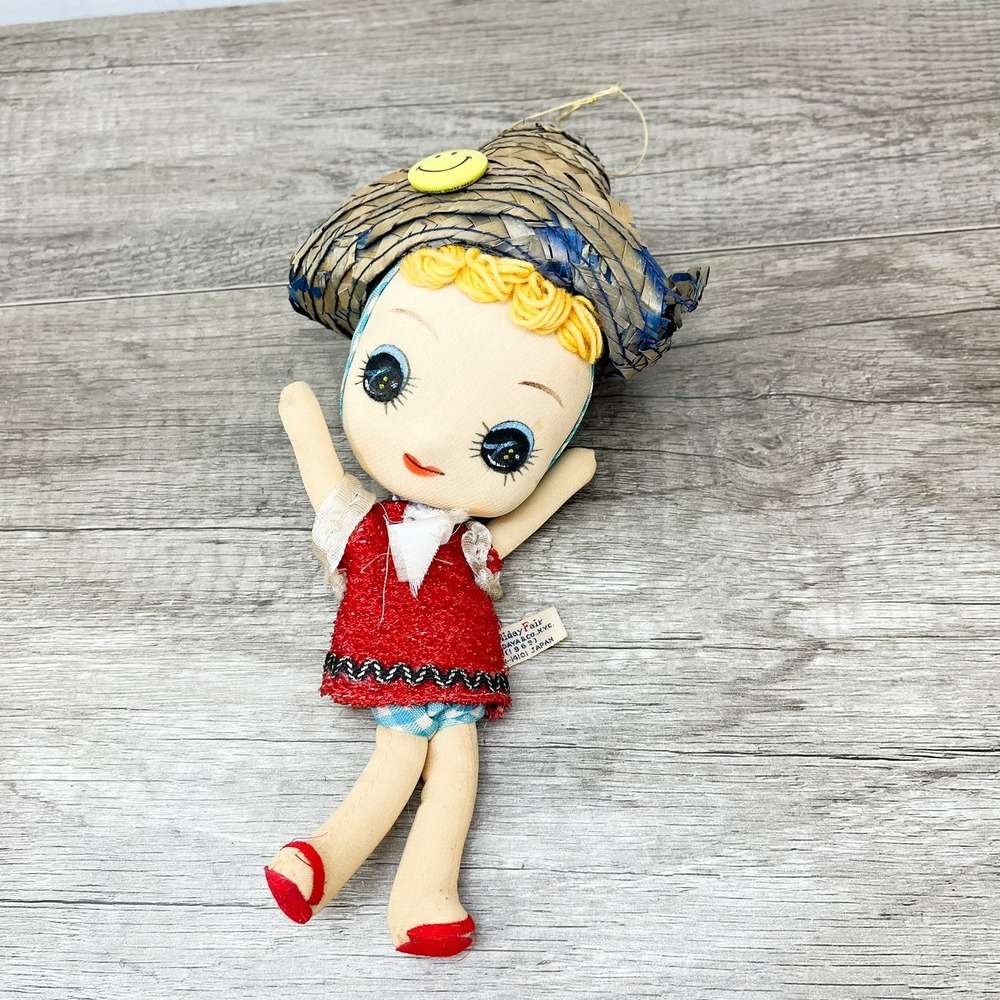 Vintage 1968 Holiday Fair Japan Pose Doll Straw Hat Smiley Face Pin Red Dress 9"
